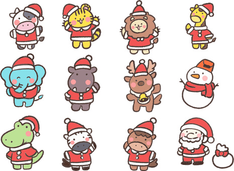 手書き風大きい動物たちのクリスマスセット かわいい,動物,大きい,牛,虎,ライオン,キリン,ゾウ,カバ,トナカイのイラスト素材
