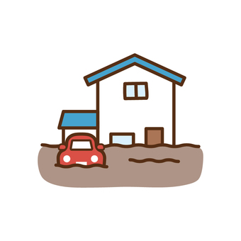 浸水被害にあう家2 水没,水害,自動車,家,建物,浸水,水浸し,床上浸水,被害,災害のイラスト素材