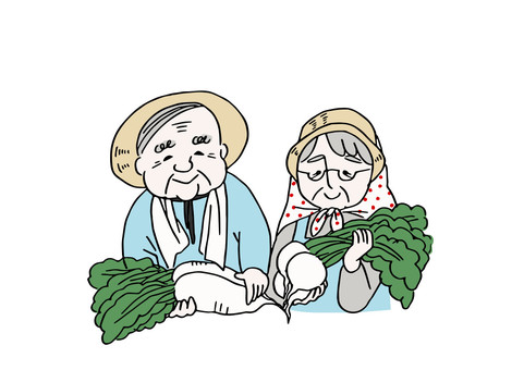 野菜を抱える農家の高齢男女 人物,農家,夫婦,男女,高齢者,中年,中高年,おじいちゃん,おばあちゃん,笑顔のイラスト素材