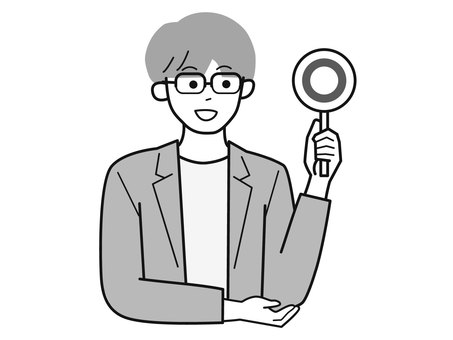 マルの札を持った働く男性A/白黒 マルの札を持った働く男性A/白黒 かわいい白黒,丸,札,笑顔,男性,お父さん,会社員,アドバイザー,20代,30代のイラスト素材