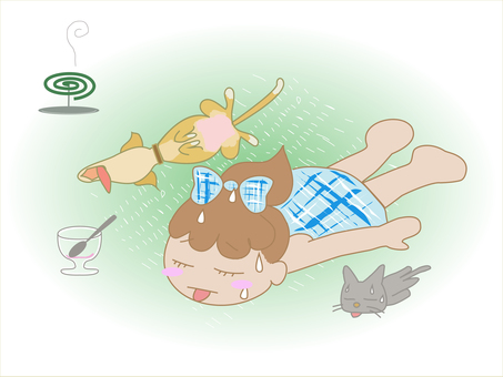 残暑バテ 夏バテ,女の子,猫,犬,ダレダレ,蚊取り線香,残暑,たたみ,8月,9月のイラスト素材