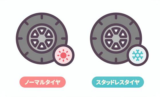 ノーマルタイヤとスタッドレスタイヤ スタッドレスタイヤ,ノーマルタイヤ,タイヤ,車,サマータイヤ,スタッドレス,タイヤ交換,ホイール,自動車,タイヤホイールのイラスト素材