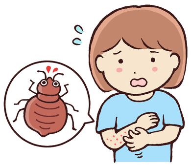 トコジラミに刺された女性 トコジラミ,南京虫,かゆい,手描き,かわいい,害虫,吸血,虫,女性,人物のイラスト素材