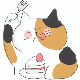 ケーキを食べる三毛猫ちゃん♪ ケーキを食べる三毛猫ちゃん♪ かわいい,ケーキ,デザート,スイーツ,甘い,たべもの,おいしい,いただきます,おやつ,いちごのイラスト素材