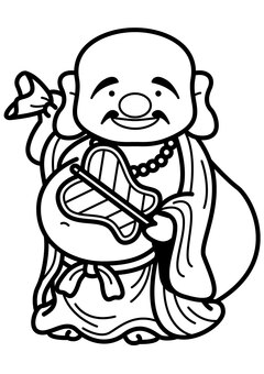 布袋尊-1c 布袋尊,布袋,七福神,神様,扇,袋,首飾り,笑顔,ヒゲ,かわいいのイラスト素材