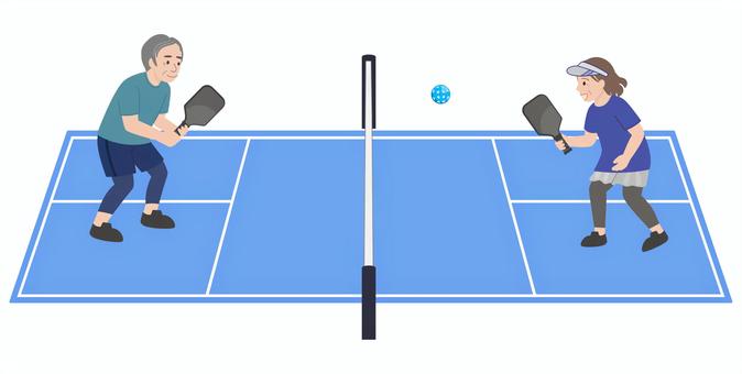 シニアピックルボールシングル男女 ピックルボール,プレイヤー,スポーツ,コート,男性,女性,対戦のイラスト素材