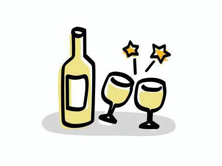 白ワインで乾杯_色ズレゆるい絵 白ワインで乾杯_色ズレゆるい絵 白ワイン,グラス,ボトル,ワイン,白,手書き,手描き,乾杯,ふたり,星のイラスト素材