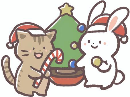 冬のクリスマスツリーの飾り付けする動物 クリスマス,冬,12月,クリスマスツリー,飾り付け,木,星,植木鉢,猫,うさぎのイラスト素材