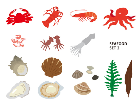 seafoodset2 蟹,海老,車海老,タコ,桜えび,イカ,ホタルイカ,サザエ,ホタテ,蛤のイラスト素材