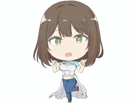 茶髪のお姉さん 女性,萌え系,デフォルメ,２等身,ボブカット,茶髪,かわいい,微笑み,デニムパンツ,ガッツポーズのイラスト素材