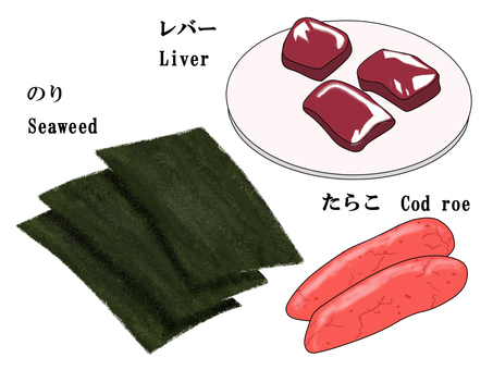 のり　レバー　たらこ のり,レバー,たらこ,食べ物,お皿,海苔,ノリ,タラコ,刺身,生のイラスト素材