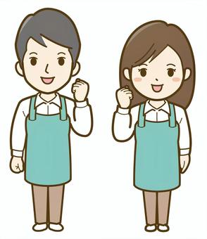 こぶしを握る男性・女性店員_25 ビジネス,女性,男性,人物,人,介護,キッチンカー,カフェ,仕事,かわいいのイラスト素材