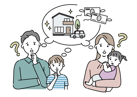 新築でお金が飛んでいく夫婦と子ども 夫婦,住宅,新築,資産,ローン,お母さん,お父さん,車,家,親子のイラスト素材