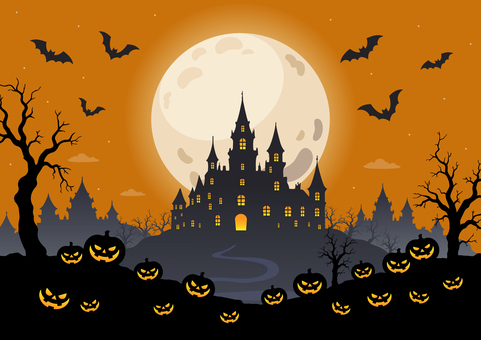 ハロウィンのかぼちゃとお城と月の風景01 ハロウィン,かぼちゃ,城,背景,秋,手描き,お城,こうもり,halloween,月のイラスト素材