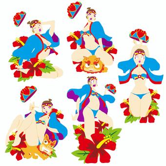 紅型女子セット 舞踊,女性,ポップ,シンプル,かわいい,王族,紅型,琉球王国,伝統衣装,琉球のイラスト素材