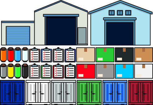 物流倉庫のアイテムです。 物流倉庫のアイテムです。 物流倉庫,シンプル,建物,倉庫内作業,コンテナ,段ボール箱,伝票バインダー,荷崩れ防止,ラップ,パレット梱包のイラスト素材