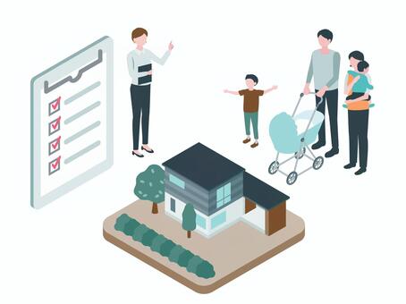 家探しをする家族とチェックリスト アイソメトリック,立体,アイソメ,斜め上,住宅,購入,家族,計画,子育て,世帯のイラスト素材