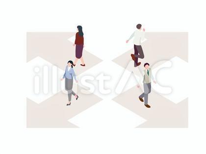 バラバラな方向に進む会社員たち