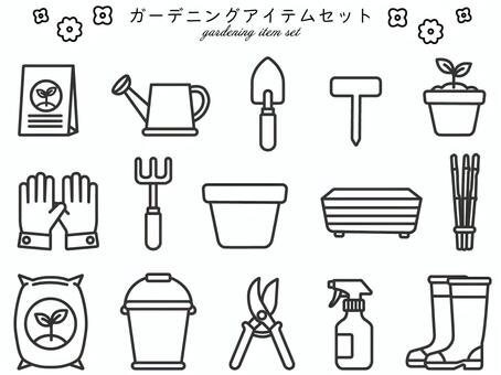 ガーデニングアイテム整理収納アイコン線画 ガーデニング,セット,じょうろ,じょろ,水差し,スコップ,園芸,ラベル,名札,プラスチックのイラスト素材