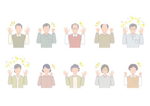喜ぶ普通のおじさんおばさんセット 人,バンザイ,喜ぶ,応援,激励,おじさん,女性,1人,おばさん,人物のイラスト素材