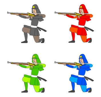 鉄砲武者の4色セット 鎧武者,武士,侍,武将,戦士,兵士,戦,和風,日本文化,ポーズのイラスト素材