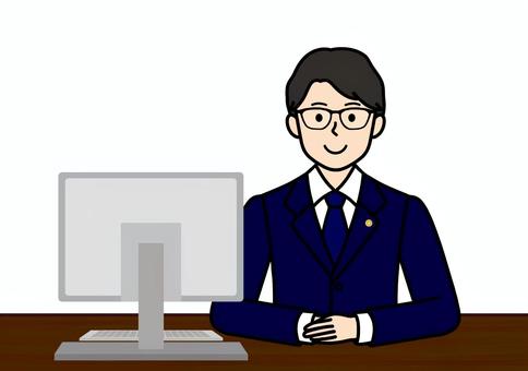 パソコンと弁護士・8仕業の男性 弁護士,国家資格者,男性,スーツ,ネクタイ,メガネ,バッジ,ビジネス,フェイスレス,8仕業のイラスト素材