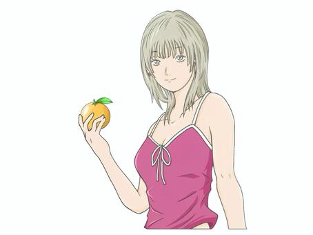 【オレンジを持った女性】のイラスト 萌え系,萌え,女性,手書き,可愛い,美人,お洒落,女,女の人,若いのイラスト素材