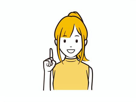 ポイントを伝える笑顔のノースリーブ女性 指差し,ポイント,女の子,女性,笑顔,ノースリーブ,ポニーテイル,ヒント,注目,アドバイスのイラスト素材