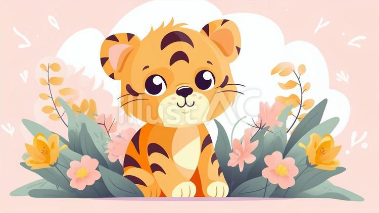 可愛いトラと花畑 トラ,花,かわいいのイラスト素材
