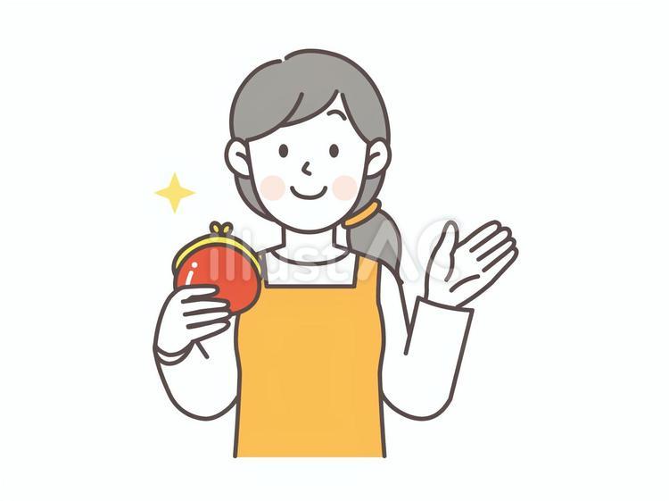 財布を持って案内する主婦 主婦,エプロン,人物のイラスト素材