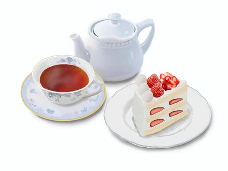 苺ショートケーキと紅茶のセット ケーキ,紅茶,ショートケーキ,苺,カフェ,手書き風,洋食,洋菓子,デザート,甘いのイラスト素材