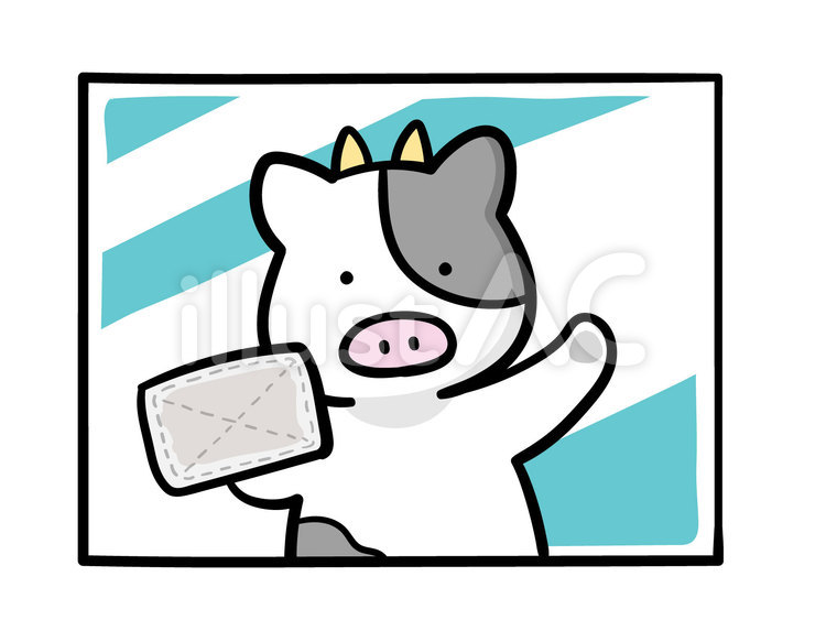 窓を雑巾で拭くうしくんのイラスト 窓,掃除,窓拭きのイラスト素材