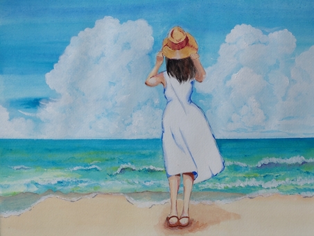 浜辺の少女 海,夏,砂浜,少女,波のイラスト素材