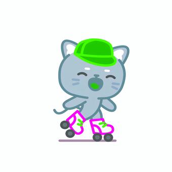イラスト0120 ねこ,キャット,ローラースケート,スケート,かわいい,キャラクター,帽子,動物,グレーの猫,スポーツのイラスト素材