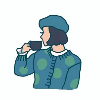 コーヒーを飲むベレー帽の女の子　トラッド コーヒー,女の子,ベレー帽,ニット,秋,冬,ボブ,手描き,手書き,ガールのイラスト素材