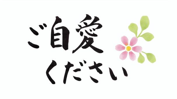 筆文字「ご自愛ください」水彩風花あしらい ご自愛ください,筆文字,毛筆,手書き,花,小花,葉,水彩風,挨拶,メッセージのイラスト素材
