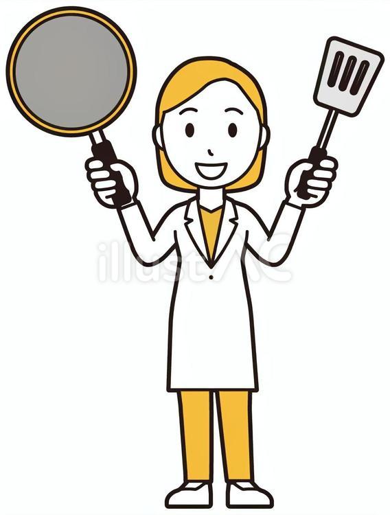  女性医師白衣(黄)-386-全身 フライパン,女医,医師のイラスト素材