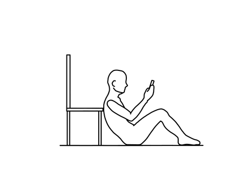 椅子にもたれて床に座りスマホを見る人 座位,スマホ,猫背,悪姿勢,骨盤後傾,横向き,線画,白黒のイラスト素材