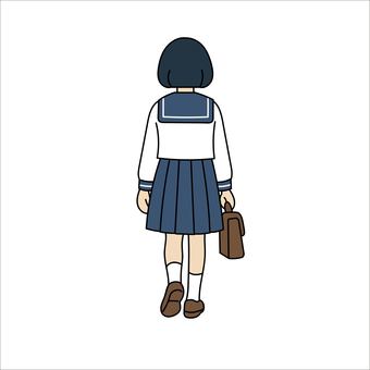 セーラー服の女子高生の後ろ姿 後ろ姿,高校生,日本人,人物,女子高生,セーラー服,通学,制服,スクールバッグ,歩くのイラスト素材