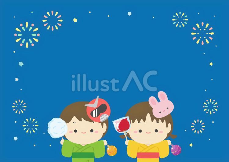 夏の花火や夏祭り、花火と浴衣の子供の背景 夏祭り,花火,夏のイラスト素材