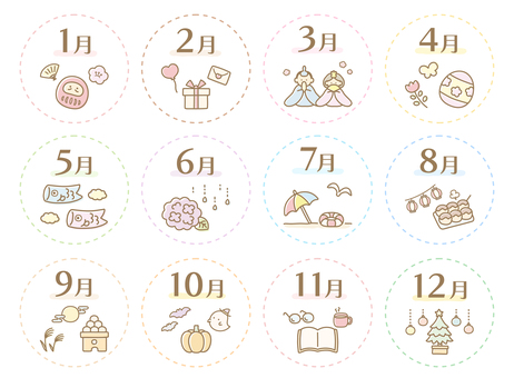 季節のイラスト12か月セット04 1月,達磨,正月,2月,プレゼント,バレンタイン,3月,ひなまつり,ひな人形,桃の花のイラスト素材
