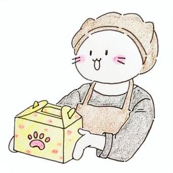 ケーキ箱を渡すねこ販売員 販売員,洋菓子店,和菓子店,菓子,デパ地下,デパート,百貨店,ケーキ,パティスリー,エプロンのイラスト素材