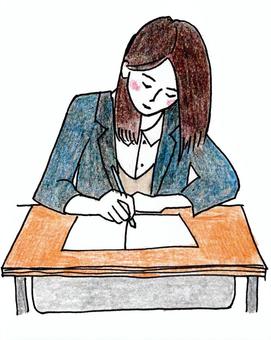 勉強中の女子学生の手描きイラスト 女性,女子高生,女子学生,勉強,机,ノート,学校,塾,教室,テストのイラスト素材