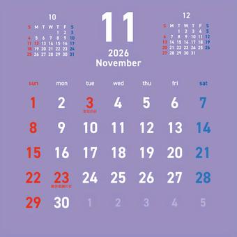 2026カレンダーC3 11月 264 カレンダー,2026年,11月,霜月,november,文化の日,勤労感謝の日,振替休日,令和8年,日曜始まりのイラスト素材