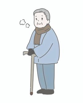 冬服で杖をつくおじいさん 高齢者,シニア,高齢男性,男性,介護,杖,冬服,コート,マフラー,手袋のイラスト素材