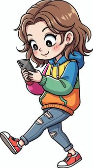 カラフルパーカーの女の子が歩きスマホ