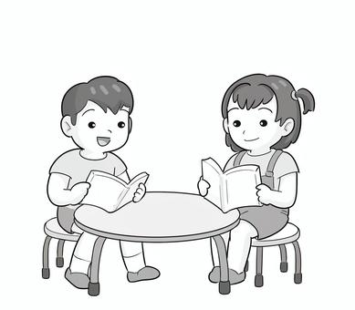 小学生図書館で読書　白黒 子ども,読書,課題,白黒,２人,座るのイラスト素材
