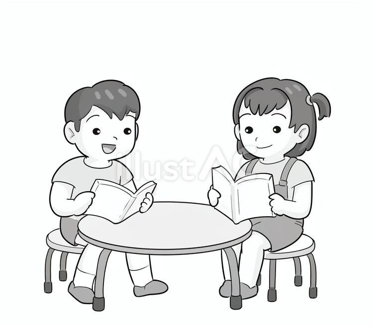 小学生図書館で読書　白黒 子ども,読書,課題のイラスト素材