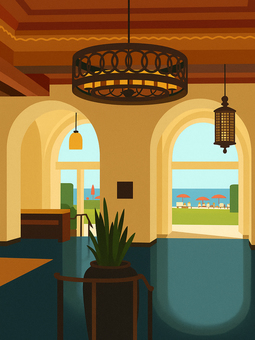 ハワイ アーチの向こう 海へ誘うロビー ハワイ アーチの向こう 海へ誘うロビー ハワイ,ホテル,ロビー,リゾート,海,ビーチ,インテリア,リゾートホテル,アーチ,クラシックのイラスト素材