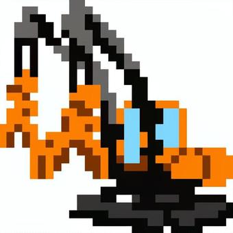 ドット絵のオレンジの双腕重機です。 ドット絵,双腕重機,シンプル,重機,建設機械,解体,油圧ショベル,作業車,掘削機,ブルトーザーのイラスト素材